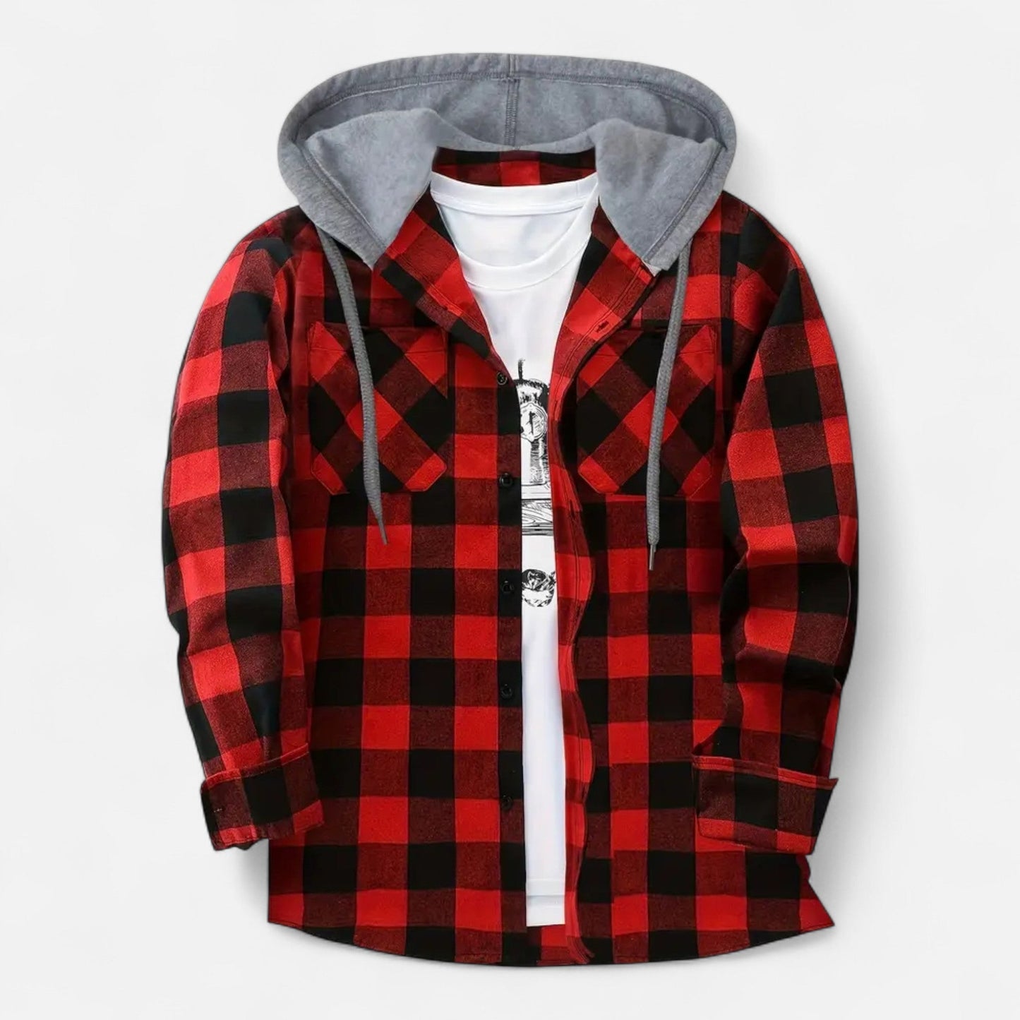 Herren Karo-Hoodie mit Knöpfen und Kordelzug Schwarz - Norvielle