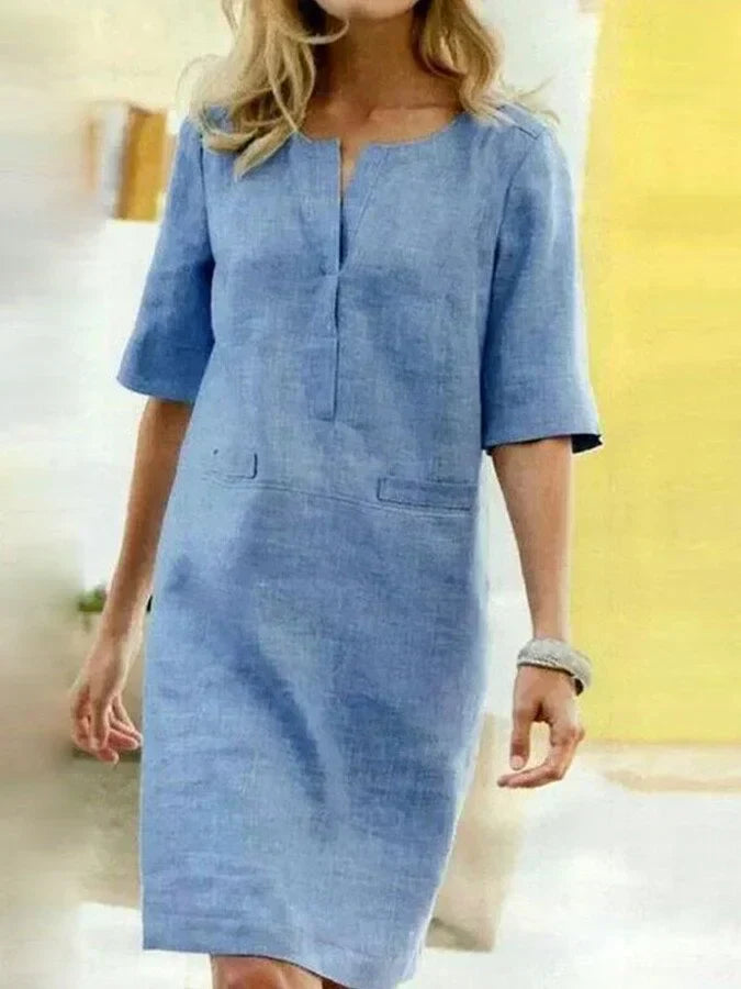 Norvielle Damen Sommerkleid Kurzarm Baumwolle Leinen - Norvielle
