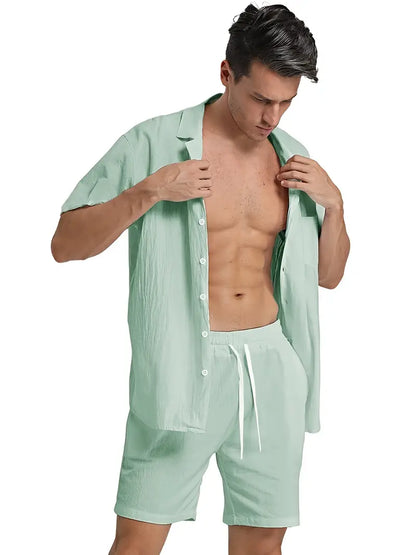 Herren Kurzarm-Hemd Shorts Set Baumwolle Sommerweiß