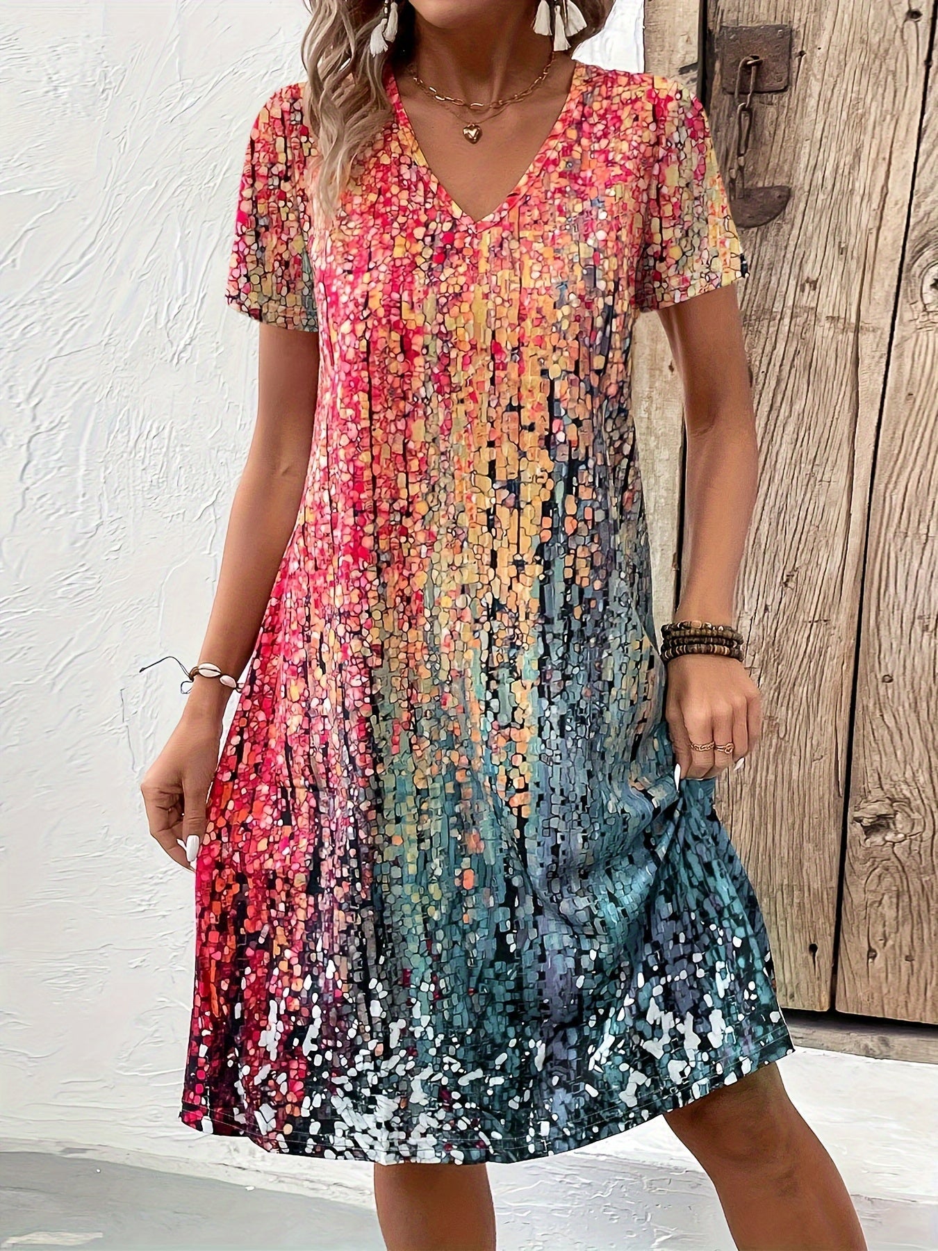 Damenkleid kurzarm V-Ausschnitt Print - Norvielle