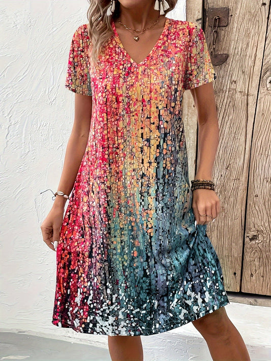 Damenkleid kurzarm V-Ausschnitt Print - Norvielle
