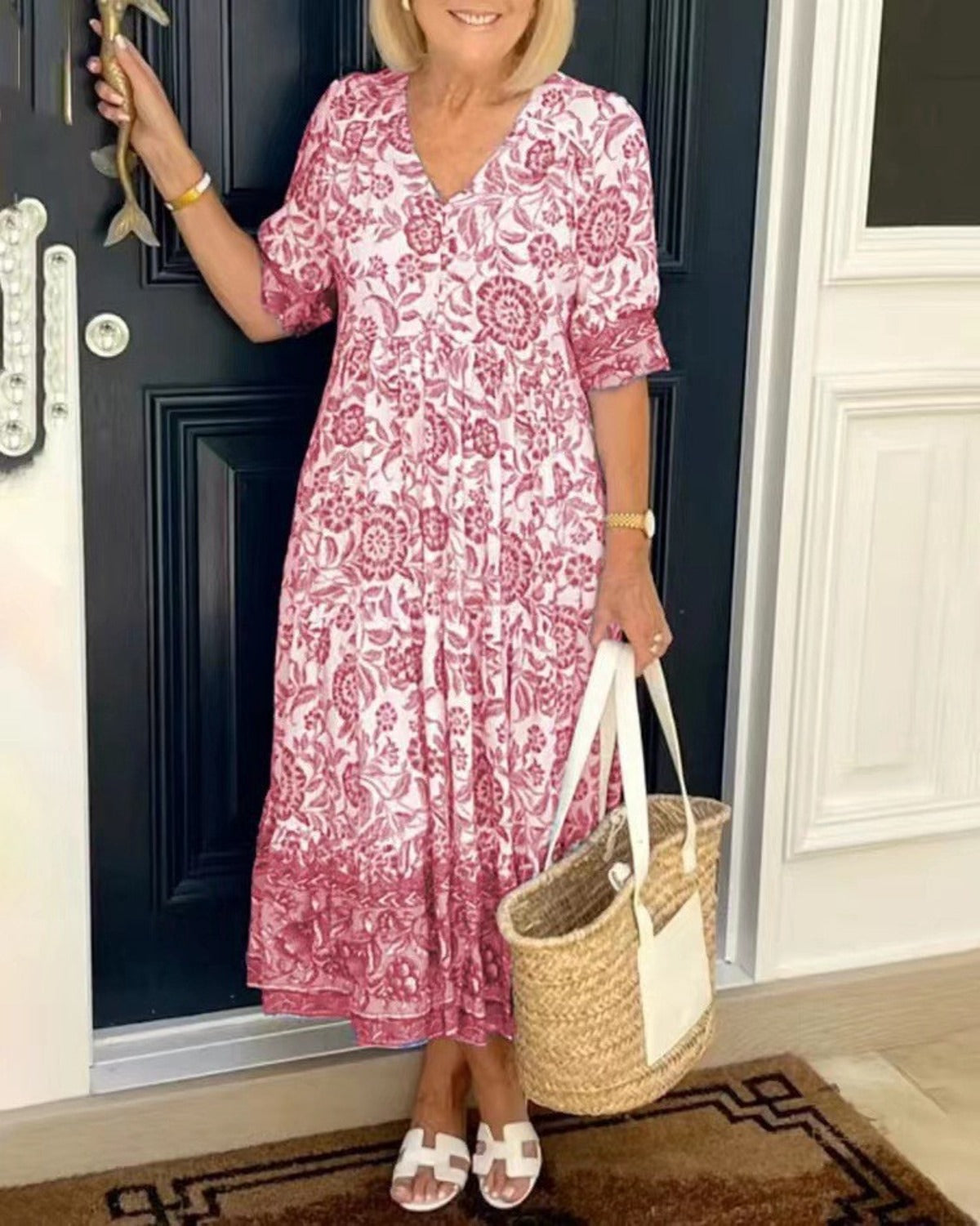 Damen Kleid V-Ausschnitt Print Übergröße