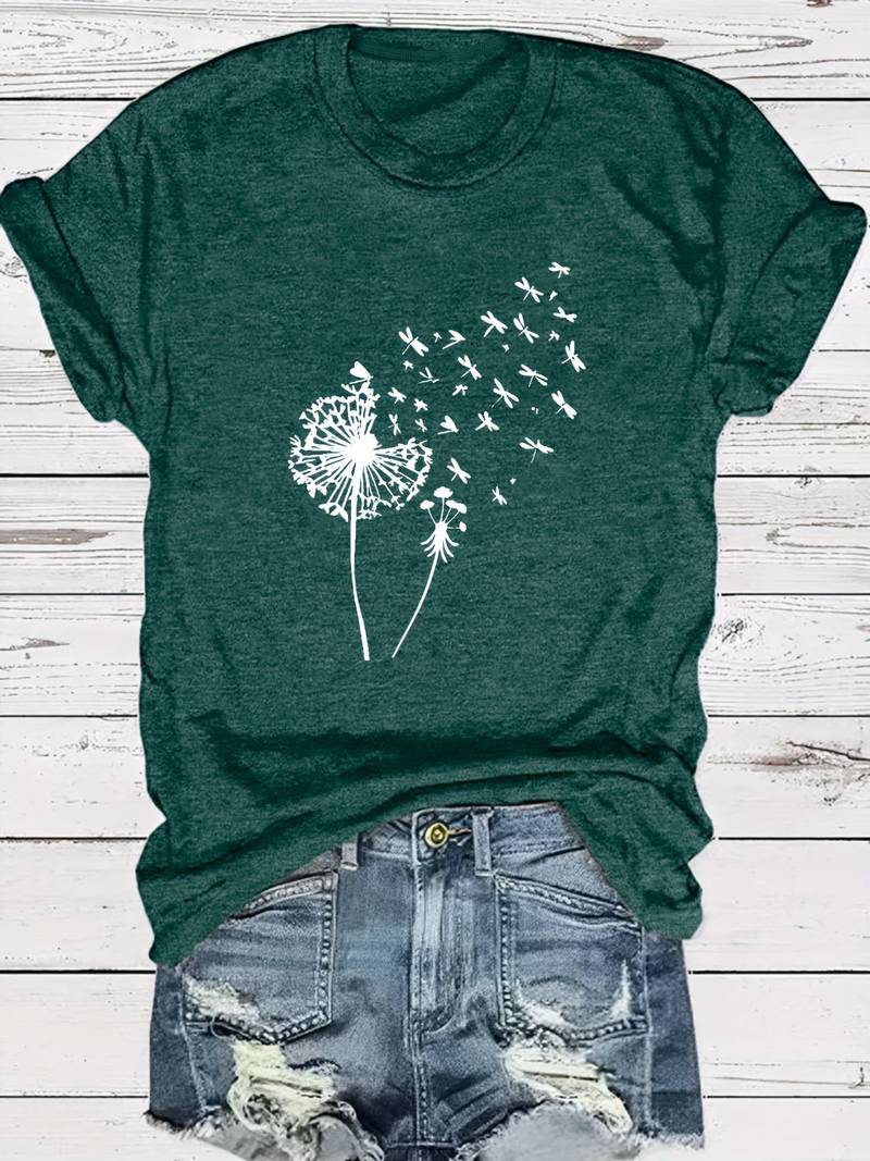 Norvielle Damen T-Shirt Löwenzahn-Print Rundhals Weiss