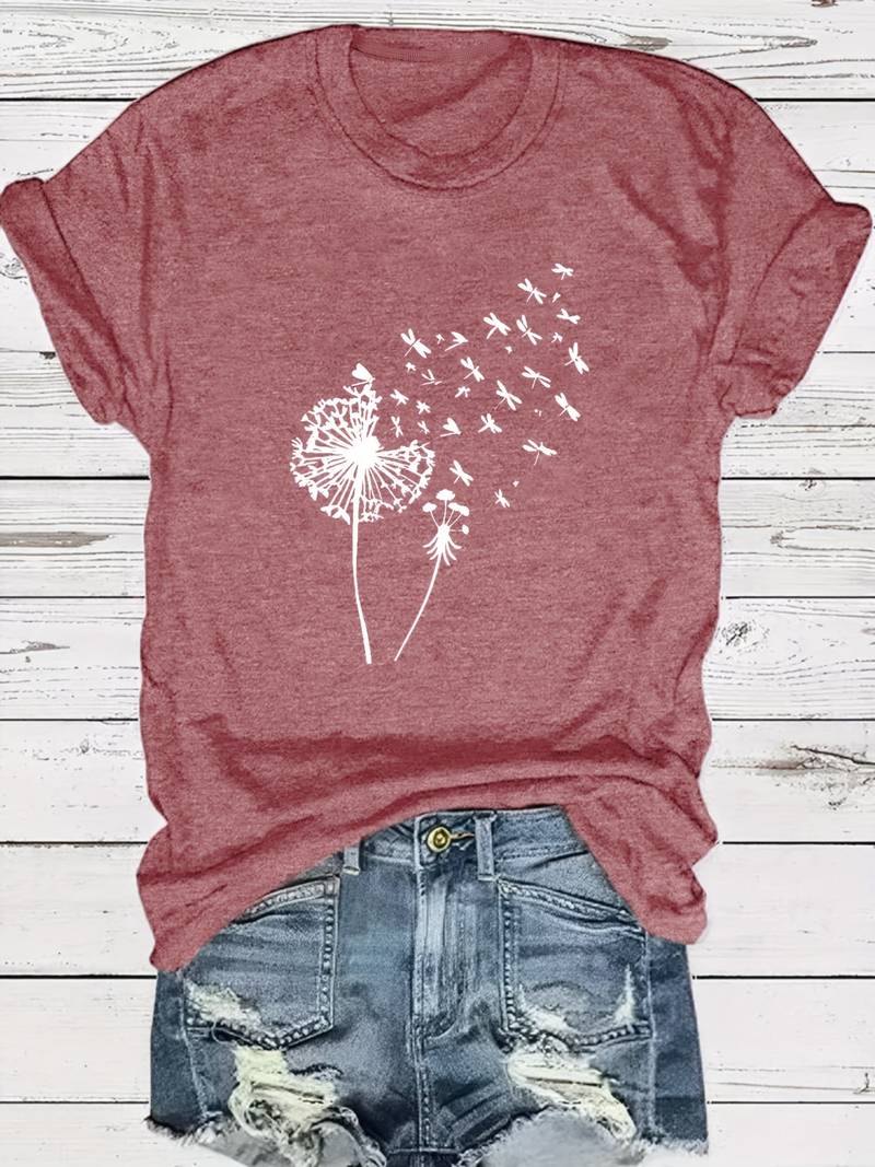 Norvielle Damen T-Shirt Löwenzahn-Print Rundhals Weiss