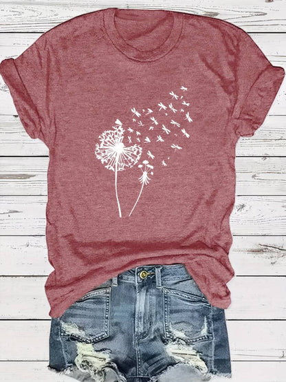 Norvielle Damen T-Shirt Löwenzahn-Print Rundhals Weiss