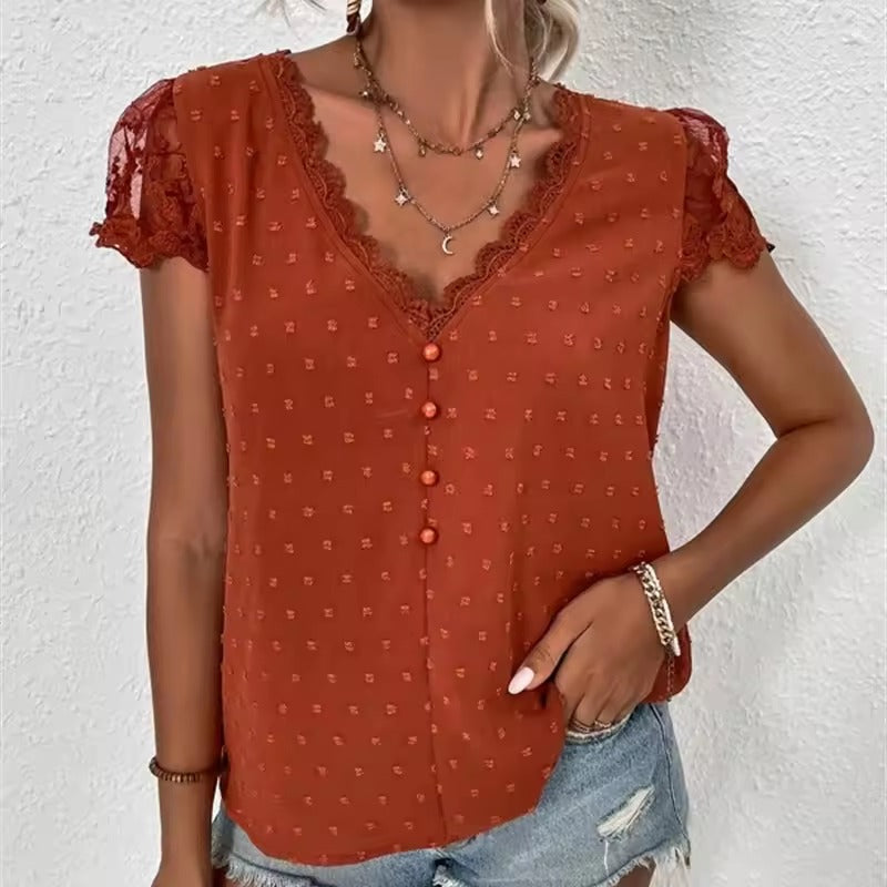 Damen V-Ausschnitt Bluse Spitzen-Details Elegante Beige