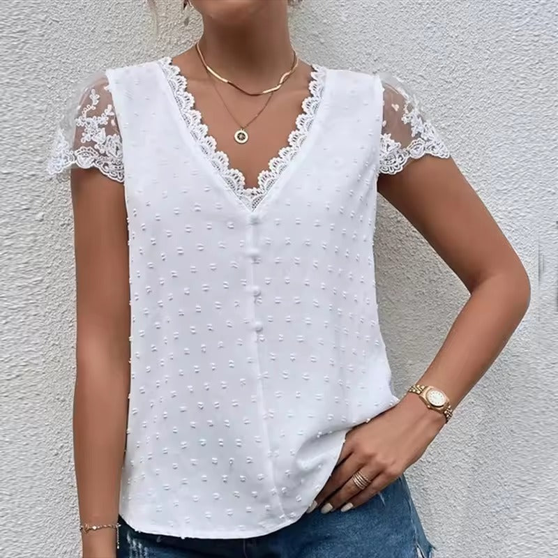 Damen V-Ausschnitt Bluse Spitzen-Details Elegante Beige