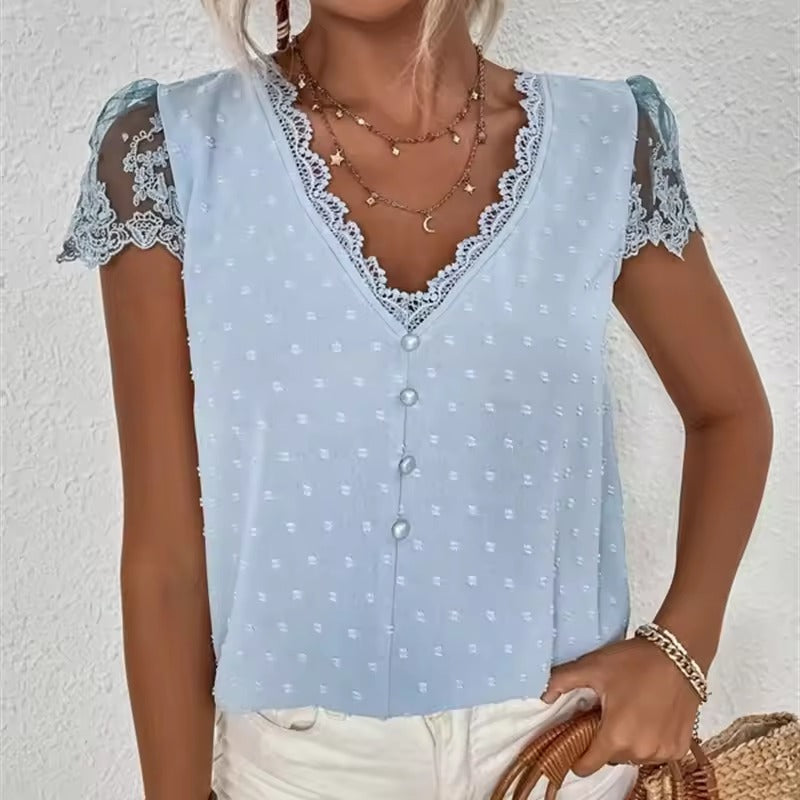 Damen V-Ausschnitt Bluse Spitzen-Details Elegante Beige - Norvielle