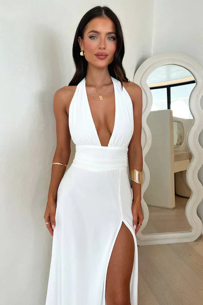 Damen Maxikleid Halterneck Beinschlitzen Elegantes Design