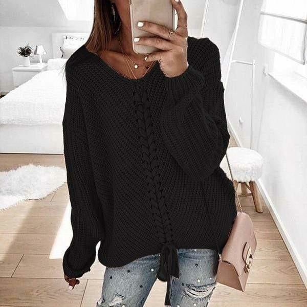 Damen Strickpullover Spitzen-Detail V-Ausschnitt