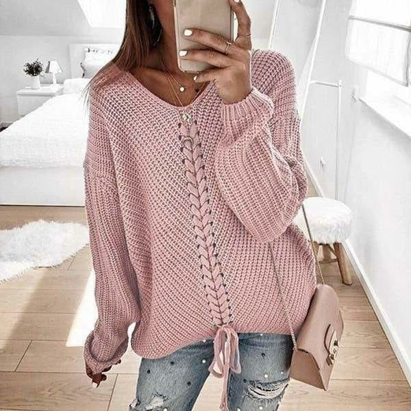 Damen Strickpullover Spitzen-Detail V-Ausschnitt - Norvielle