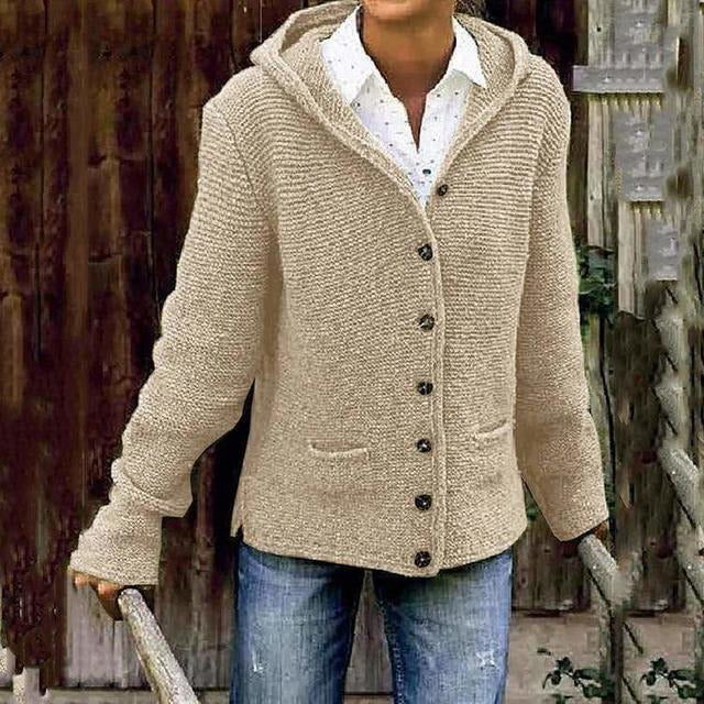 Damen Strickcardigan mit Kapuze und Knöpfen