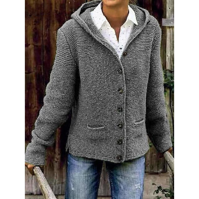 Damen Strickcardigan mit Kapuze und Knöpfen