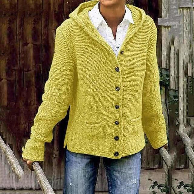 Damen Strickcardigan mit Kapuze und Knöpfen