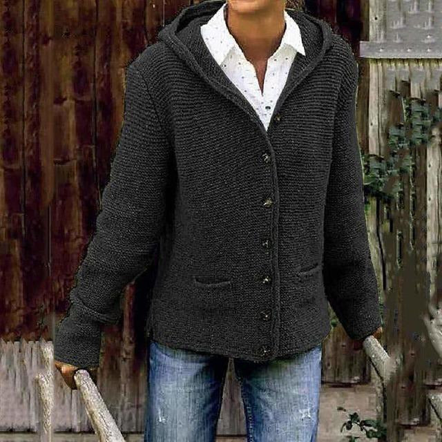 Damen Strickcardigan mit Kapuze und Knöpfen