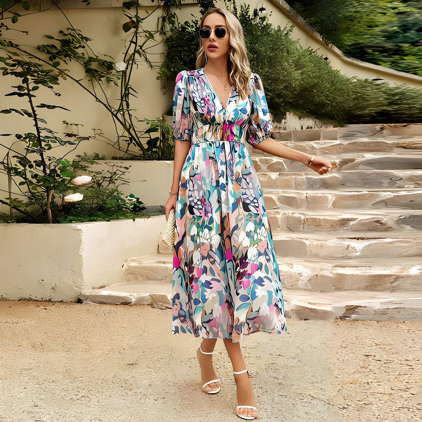 Damen Sommerkleid V-Ausschnitt Leichtes Freizeitkleid
