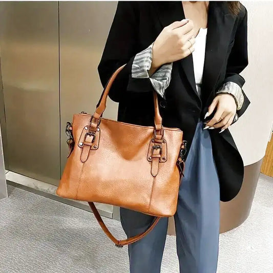 Große Damenhandtasche Weiches Material Schulterriemen Schwarz - Norvielle