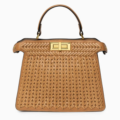 Elegante Damen Handtasche Geflochten Leder Goldene Details Braun - Norvielle