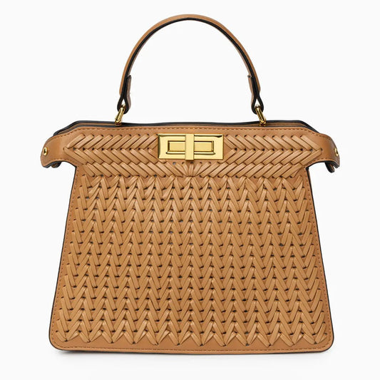 Elegante Damen Handtasche Geflochten Leder Goldene Details Braun - Norvielle