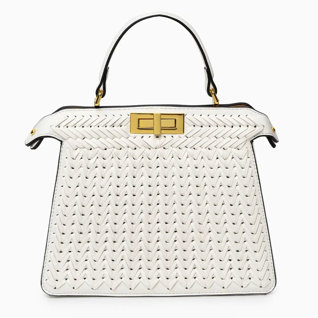 Elegante Damen Handtasche Geflochten Leder Goldene Details