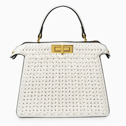 Elegante Damen Handtasche Geflochten Leder Goldene Details