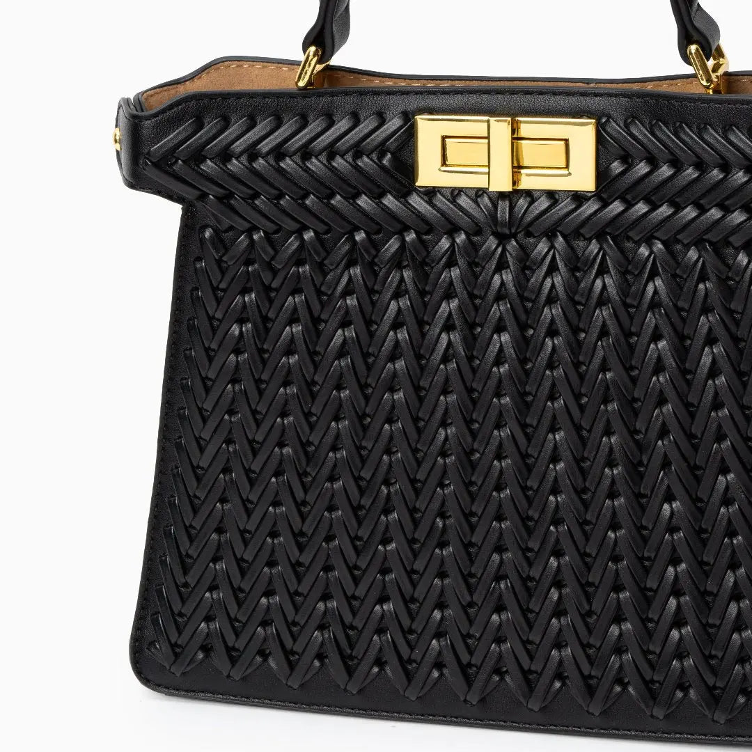 Elegante Damen Handtasche Geflochten Leder Goldene Details