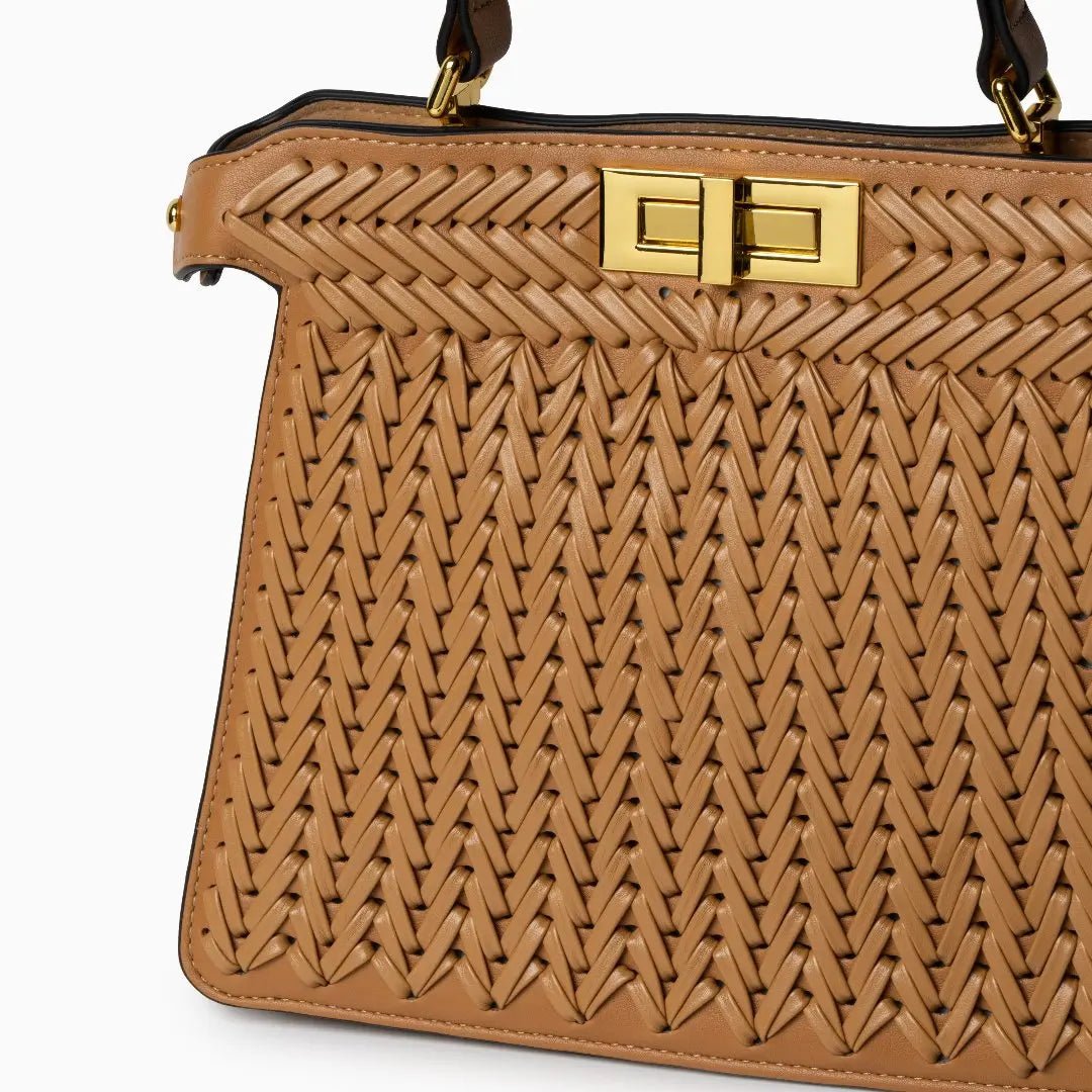 Elegante Damen Handtasche Geflochten Leder Goldene Details