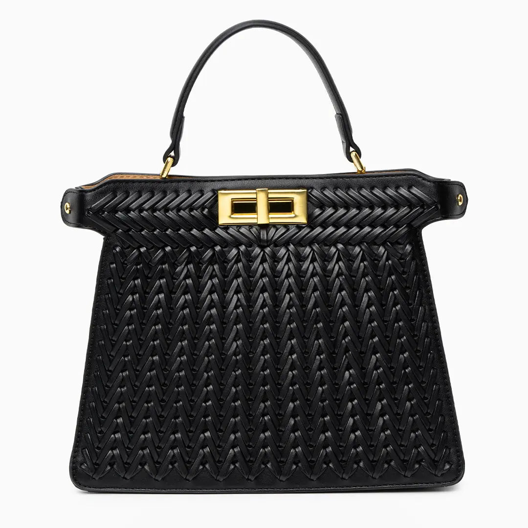 Elegante Damen Handtasche Geflochten Leder Goldene Details
