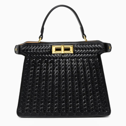 Elegante Damen Handtasche Geflochten Leder Goldene Details