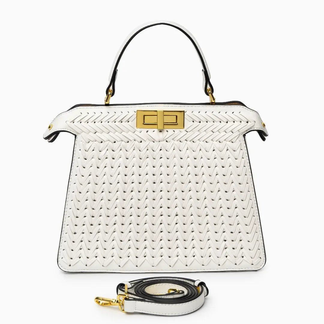Elegante Damen Handtasche Geflochten Leder Goldene Details
