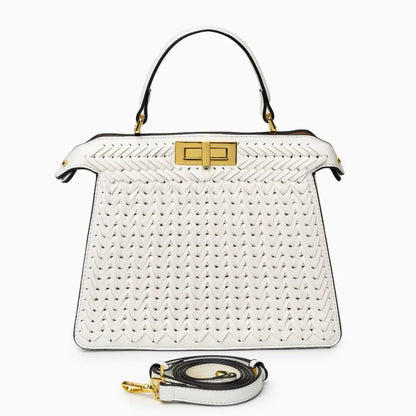 Elegante Damen Handtasche Geflochten Leder Goldene Details