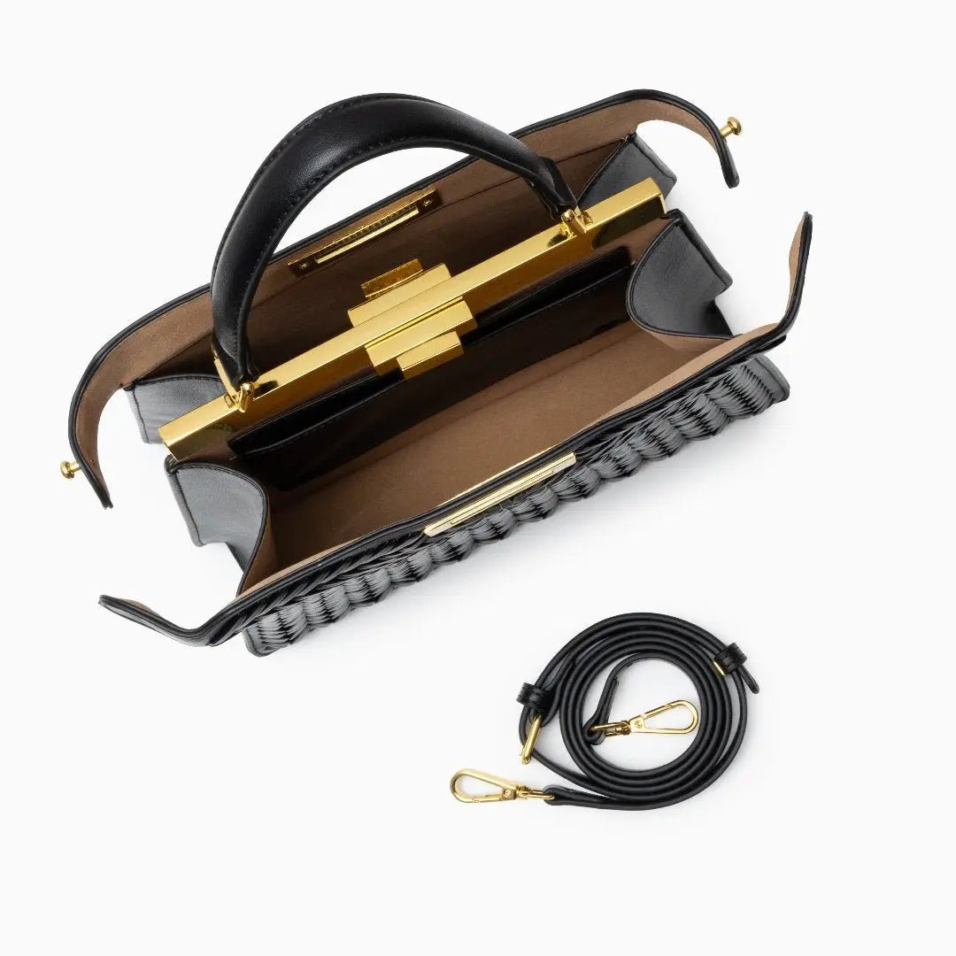 Elegante Damen Handtasche Geflochten Leder Goldene Details