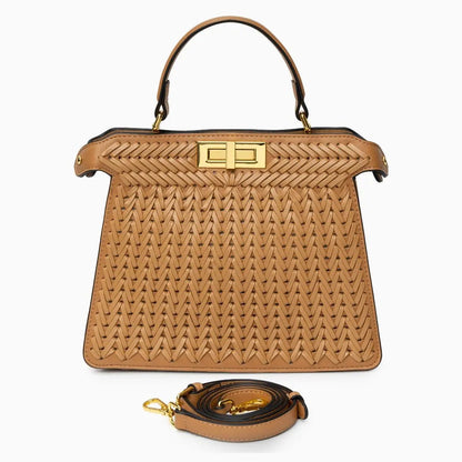 Elegante Damen Handtasche Geflochten Leder Goldene Details
