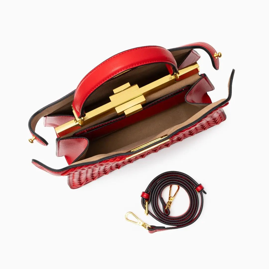 Elegante Damen Handtasche Geflochten Leder Goldene Details