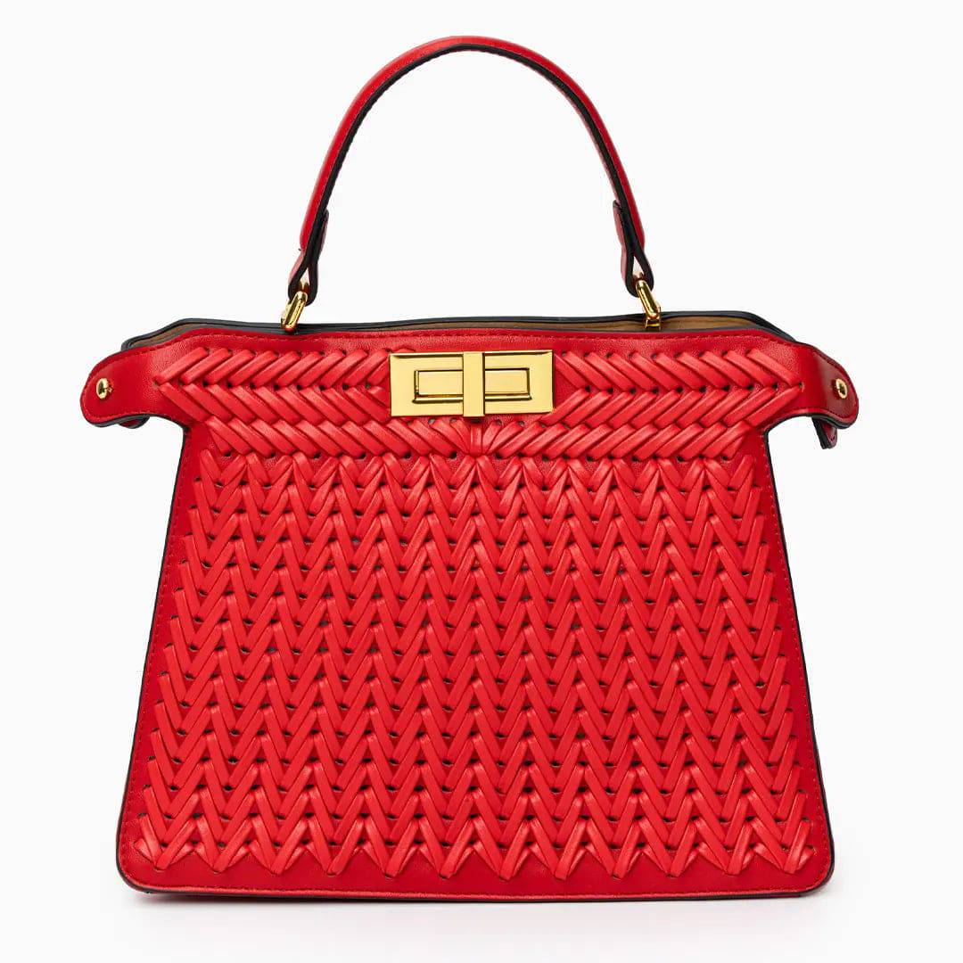 Elegante Damen Handtasche Geflochten Leder Goldene Details