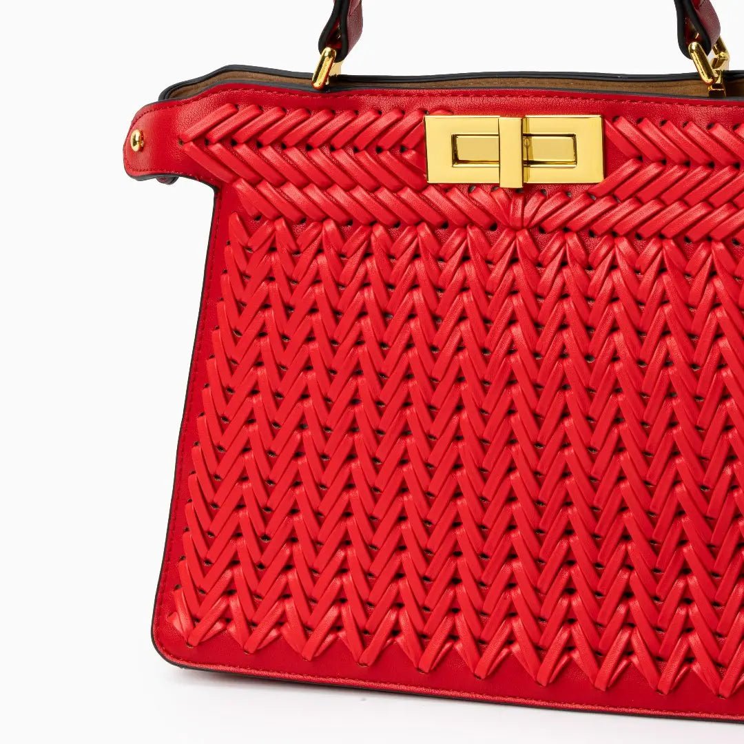 Elegante Damen Handtasche Geflochten Leder Goldene Details