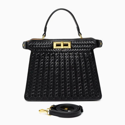 Elegante Damen Handtasche Geflochten Leder Goldene Details