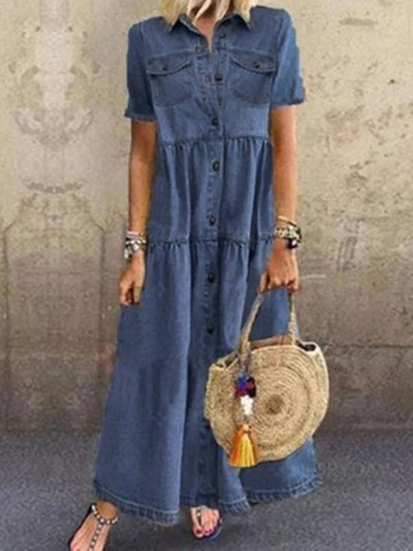 Norvielle Damen Denim-Kleid Langes Verwüstetes Mehrknopf-Design
