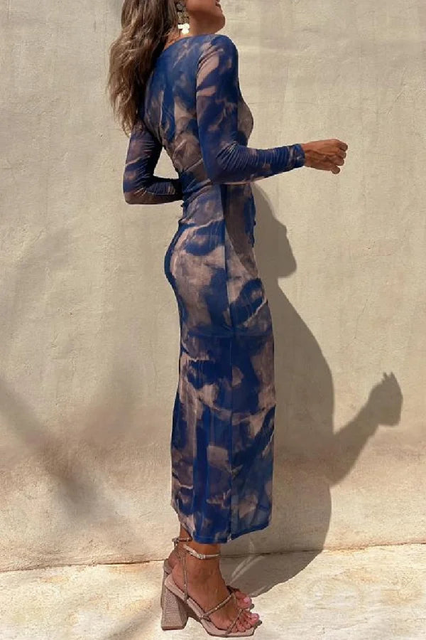Damen Langarm Midi Kleid aus Stretch mit Rüsch und Mesh-Überzug,