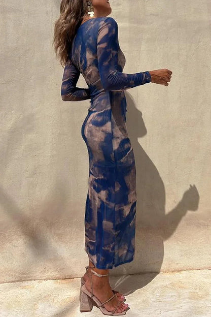 Damen Langarm Midi Kleid aus Stretch mit Rüsch und Mesh-Überzug,