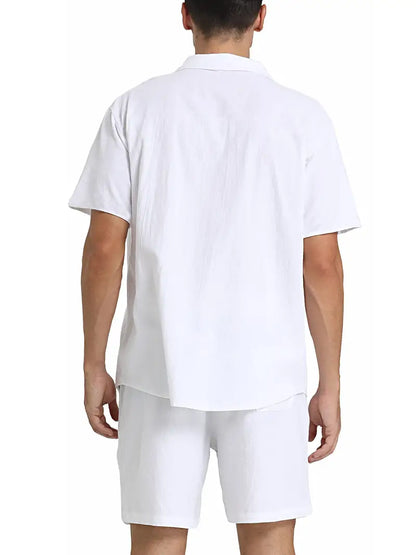 Herren Kurzarm-Hemd Shorts Set Baumwolle Sommerweiß