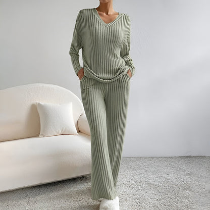 Damen Gestreifter Pullover Set V-Ausschnitt