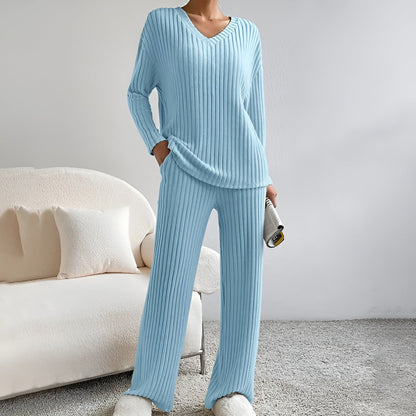 Damen Gestreifter Pullover Set V-Ausschnitt