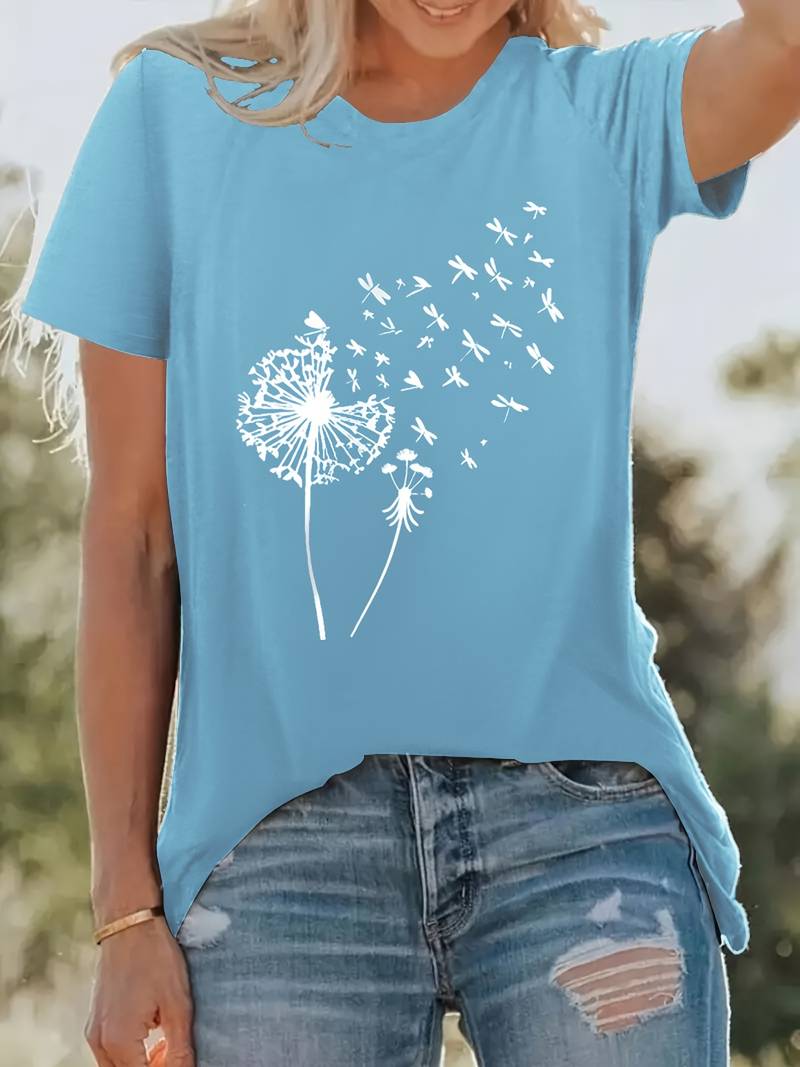 Norvielle Damen T-Shirt Löwenzahn-Print Rundhals Weiss