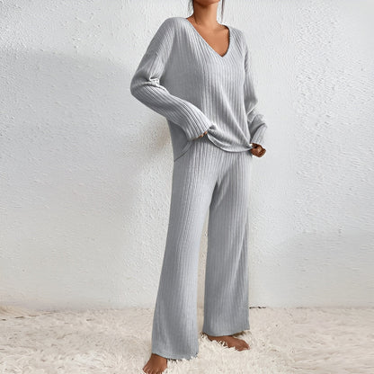 Damen Gestreifter Pullover Set V-Ausschnitt