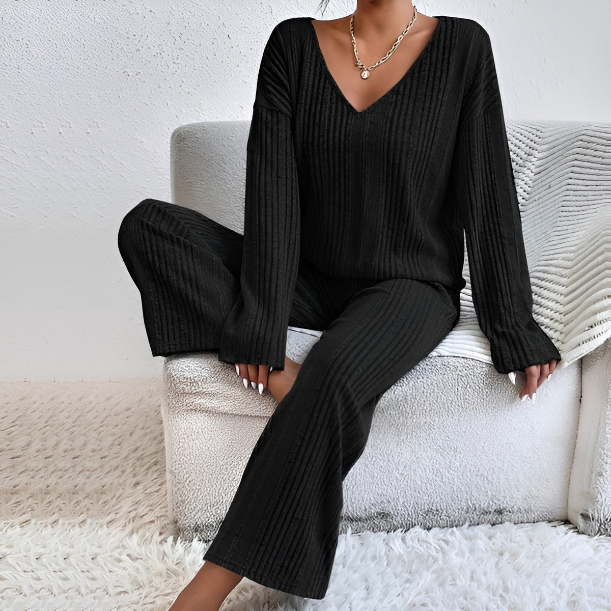 Damen Gestreifter Pullover Set V-Ausschnitt