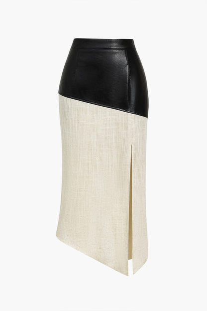 Eleganter Damen Midirock Asymmetrisch Kunstleder Leinen Schwarz - Norvielle