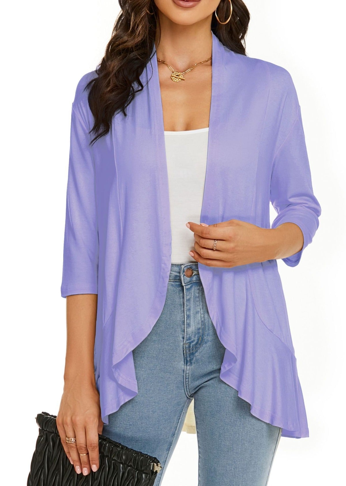 Norvielle Damen Strickjacke Einfarbig 3/4 Ärmel Rüschenrand