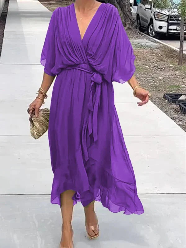 Loisa Damen Chiffon-Kleid V-Ausschnitt Elegant