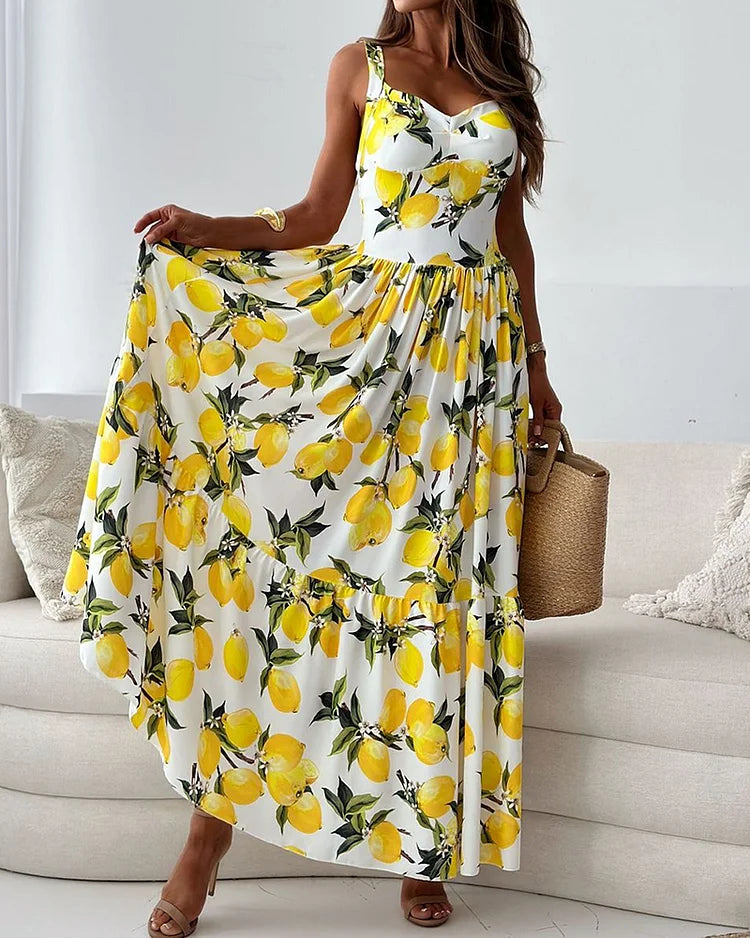 Norvielle Damen Riemchenkleid Zitronendruck